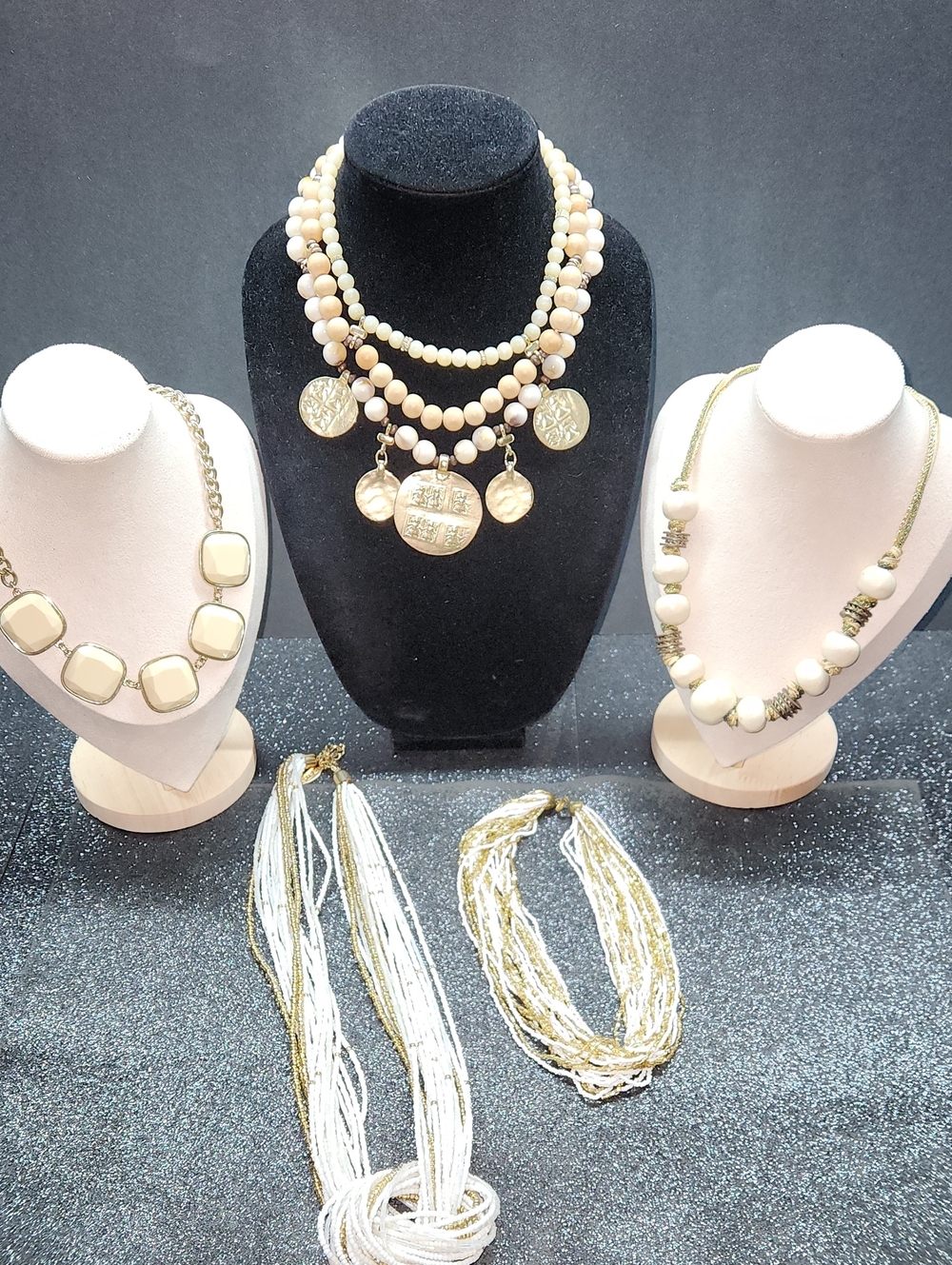 Cream/White and Gold-tone Beaded Necklace Bundle